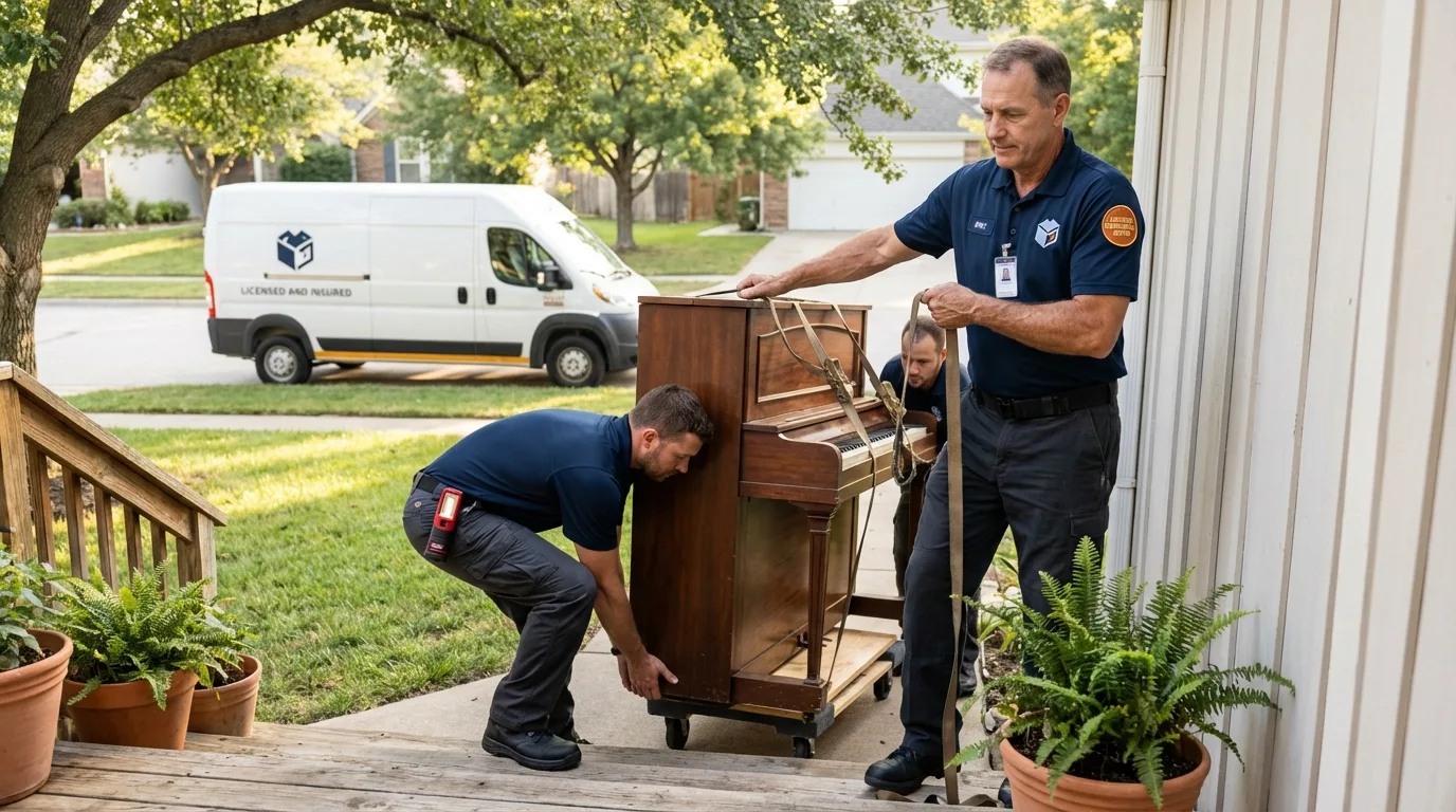 Licensed piano movers securing grand piano in Elk Grove, CA