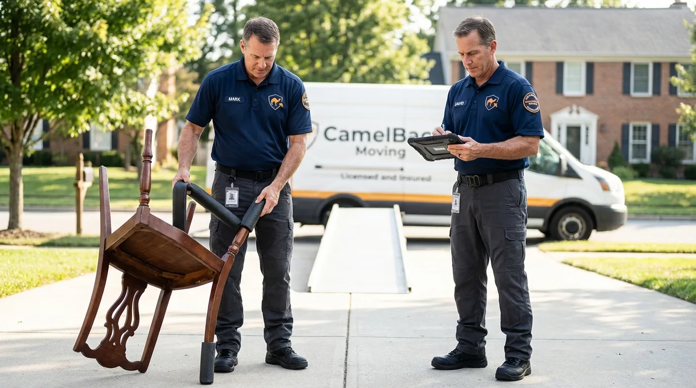 Movers inspecting furniture for damage prevention before loading in Elk Grove, CA