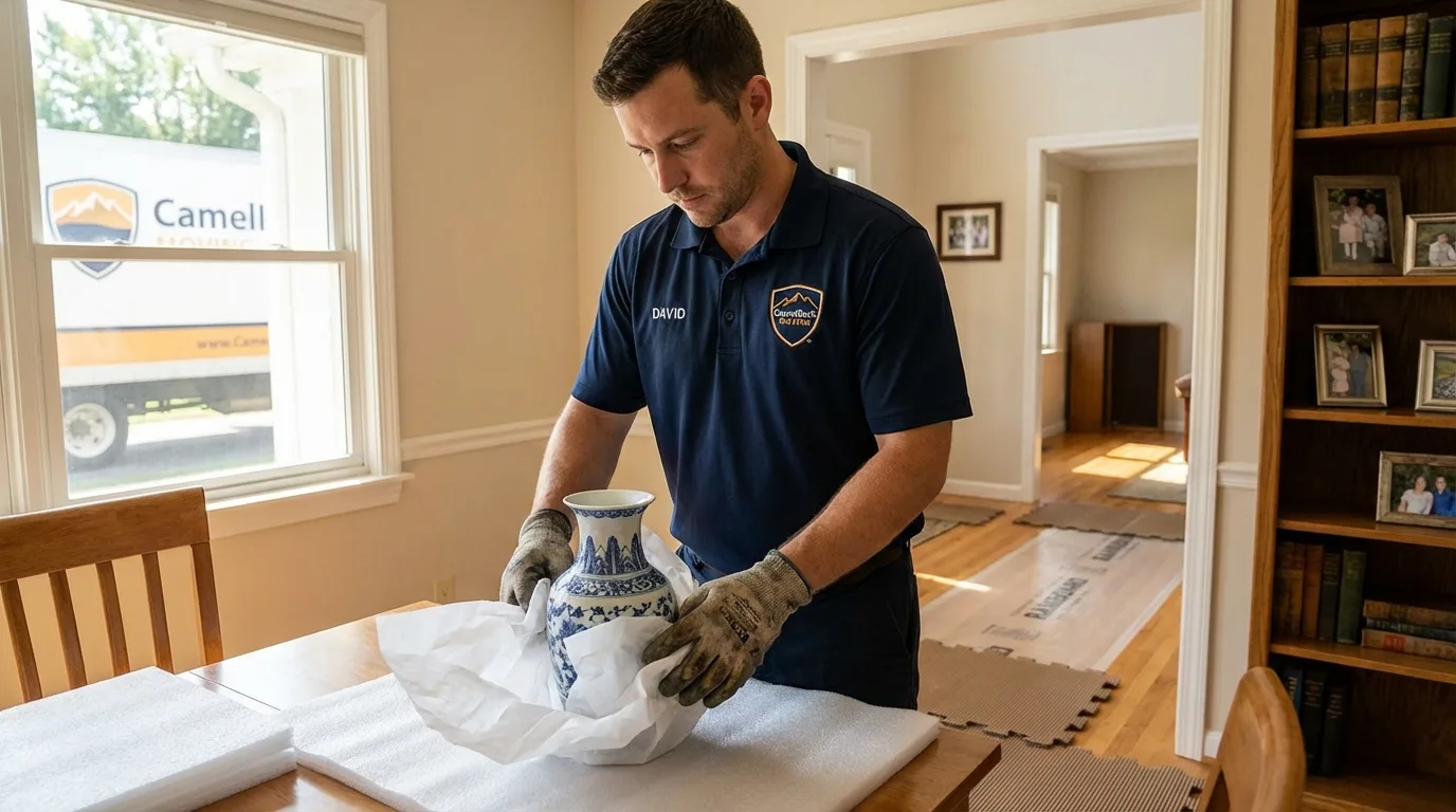Professional crew carefully wrapping antique vase for senior downsizing move in Elk Grove, CA